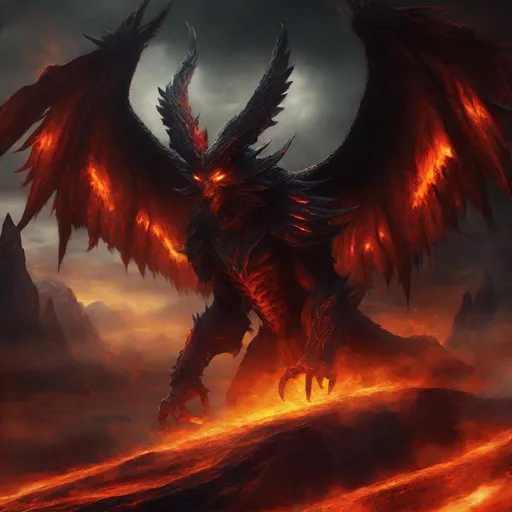 Prompt: Archdemon Apollyon, dark and menacing atmosphere, demonic wings, fiery aura, high-quality rendering, digital painting, intense and sinister expression, sharp and fierce features, glowing eyes, ominous presence, sinister color palette, dramatic lighting, hellish landscape, detailed digital art, highres, ultra-detailed, demonic, dark fantasy, fiery tones, menacing, sinister gaze, professional, dramatic lighting