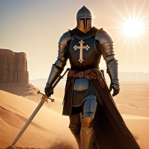 Prompt: knight, black armor, detailed cross, desert battle field, brown hair, tall, majestic, sun light