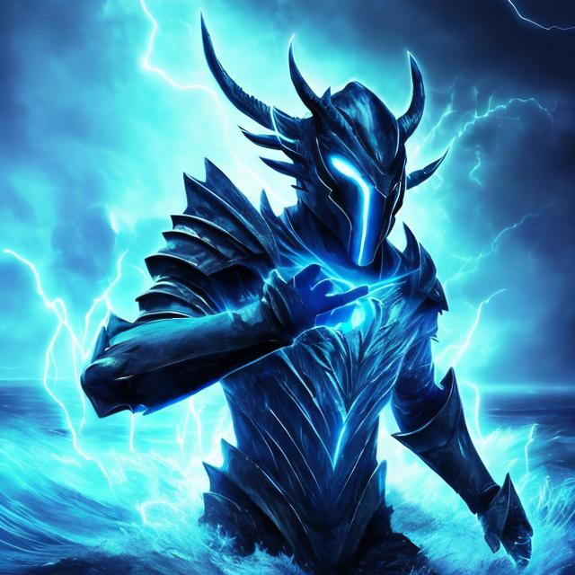 Prompt: sapphire wings, demon, ocean background, shining, masculine, humanoid, sapphire armor, mysterious, face covered, masked helmet, light blue glowing eyes, lightning, storms, whirlpools, huge waves, water, trident, atlantis.