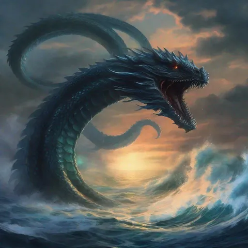 Prompt: Archdemon Forneus, gigantic sea serpent creature, sea monster, dark aura, ocean sea, 
