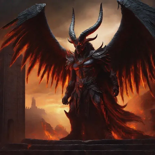 Prompt: Archdemon Aamon, digital painting, towering demonic figure with massive wings, fiery eyes and horns, ancient ruins in the background, sinister and dark atmosphere, high quality, ultra-detailed, digital painting, demonic, fiery tones, ominous lighting, towering presence, ancient ruins, detailed wings, sinister, professional, atmospheric lighting