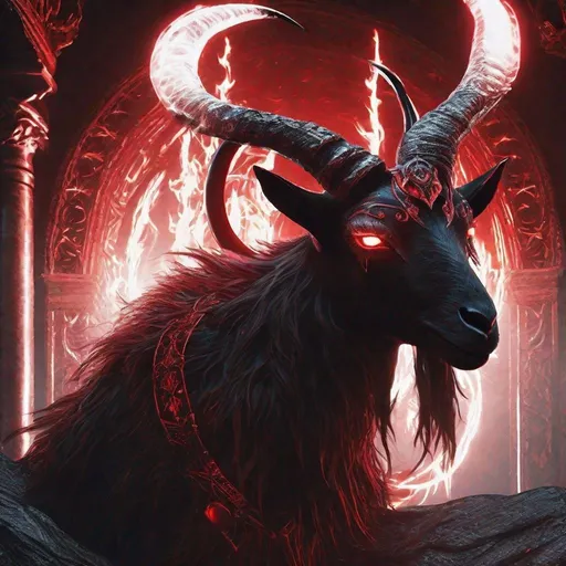 Prompt: Goat demon humanoid creature, dark magical summoning circle, eerie glowing symbols, horned creature with glowing eyes, sinister atmosphere, hellish red and black color tones, high contrast, detailed fur and horns, demonic visage, unsettling presence, high quality, dark fantasy, mystical, menacing aura, glowing runes, sinister lighting