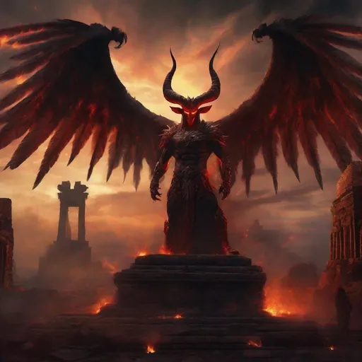 Prompt: Archdemon Aamon, digital painting, towering demonic figure with massive wings, fiery eyes and horns, ancient ruins in the background, sinister and dark atmosphere, high quality, ultra-detailed, digital painting, demonic, fiery tones, ominous lighting, towering presence, ancient ruins, detailed wings, sinister, professional, atmospheric lighting