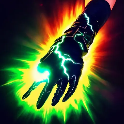 Prompt: A male masculine fist shining bright in the sky covered with a black glove with a green firey aura glow coming off of it.