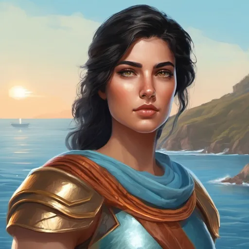 Prompt: A young spartan general. She wears a light blue hoplite armor. Black hair. Ocean background. D&d art. 2d art. 2d. Well draw face. Detailed. 