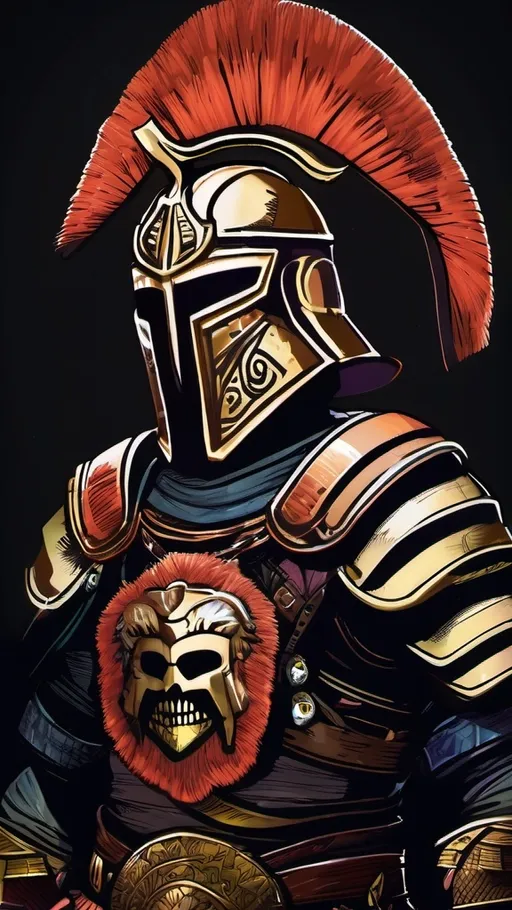 Prompt: A shadow warrior. He wears a hoplite armor. He has his helmet under an arm. Dark background. D&d art. 2d art. 2d. Well draw face. Detailed. 