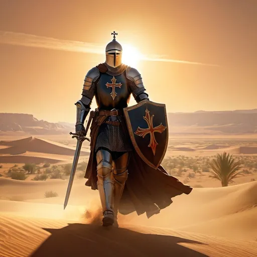 Prompt: knight, black armor, detailed cross, desert battle field, brown hair, tall, majestic, sun light