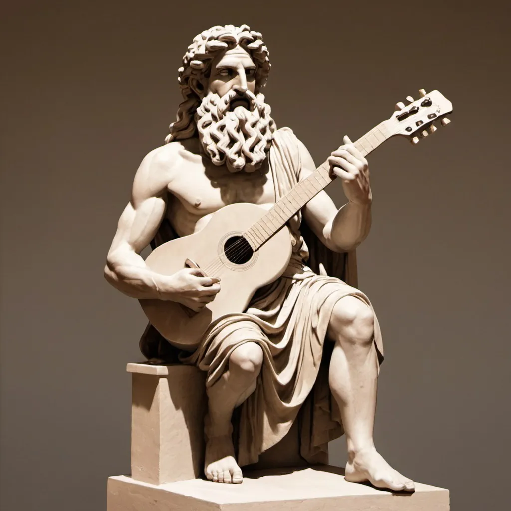 Prompt: Tmolos the Greek primordial god of Mount Tmolos with a guitar in his hands.