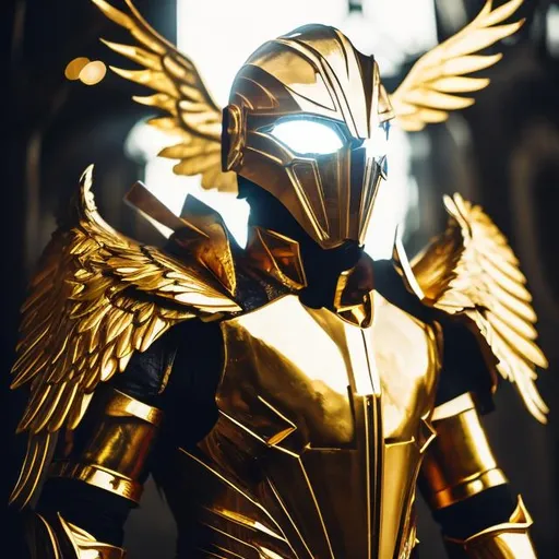Prompt: golden wings, archangel, holy, heaven background, shiny light, masculine, humanoid, gold armor, mysterious, face covered, masked helmet, yellow glowing eyes, full body.