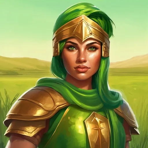 Prompt: A young spartan general. She wears a green hoplite armor. Plain Grass field background. D&d art. 2d art. 2d. Well draw face. Detailed. 