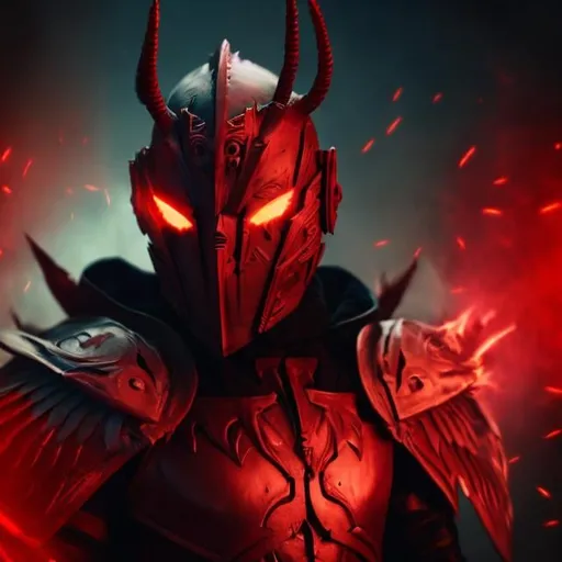 Prompt: crimson wings, demon, unholy, hellish background, dark dimming light, masculine, humanoid, crimson armor, mysterious, face covered, masked helmet, red glowing eyes.