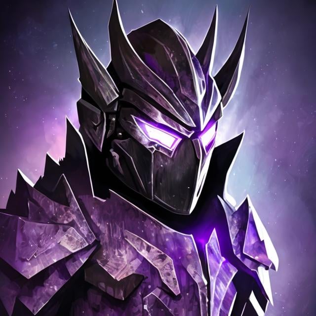 Prompt: full body, full view, amethyst wings, cave background, shiny crystals, shadows, masculine, humanoid, amethyst armor, mysterious, face covered, masked helmet, purple glowing eyes.