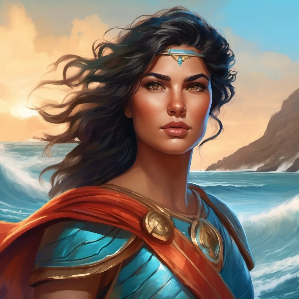 Prompt: A young spartan general. She wears a light blue hoplite armor. Black hair. Ocean background. D&d art. 2d art. 2d. Well draw face. Detailed. 