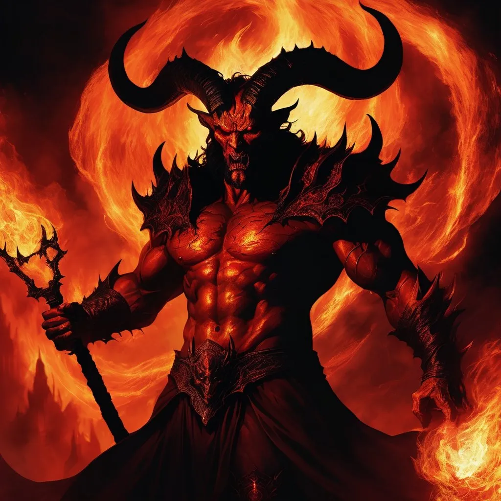 Prompt: Detailed illustration of Demon King Asmodeus, fiery inferno backdrop, imposing demonic figure with towering horns, dark and intimidating presence, high-quality rendering, digital painting, dark fantasy, fiery red tones, menacing aura, intricate armor details, glowing eyes, epic and dramatic lighting, hellish atmosphere