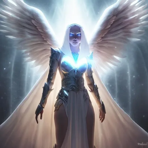 Prompt: Angel, white wings, white robes, leather belt, female, humanoid, mysterious, glowing eyes.