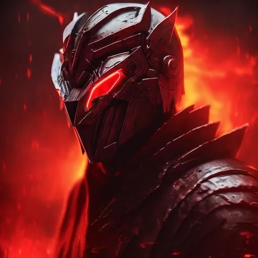 Prompt: crimson wings, demon, unholy, hellish background, dark dimming light, masculine, humanoid, crimson armor, mysterious, face covered, masked helmet, red glowing eyes.