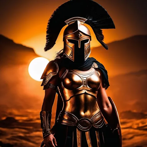 Prompt: A spartan mercenary from ancient Greece wearing spartan warrior armor and a spartan warrior helmet with her face being covered up by darkness and only the glowing of her bright glowing eyes are seen. 