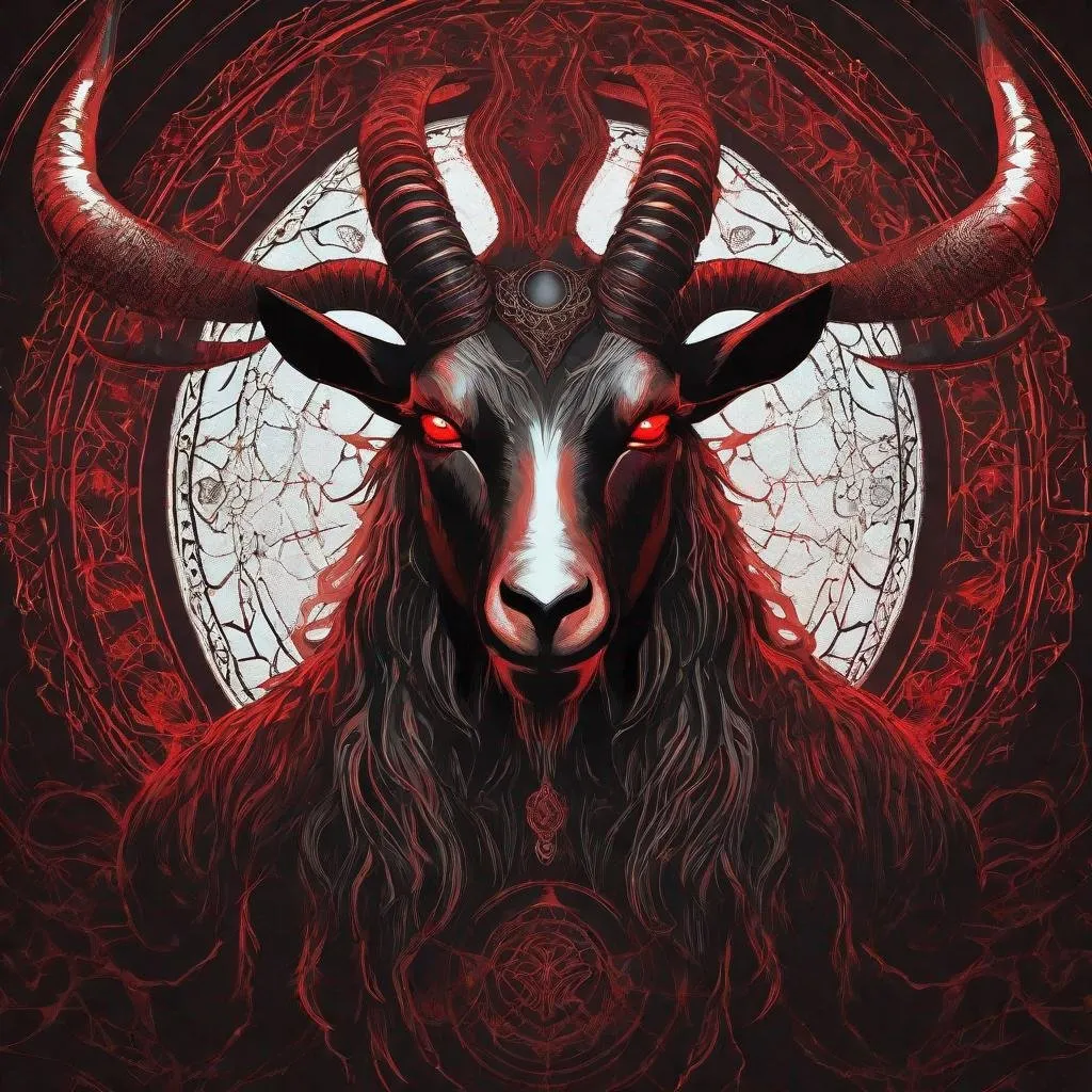 Prompt: Goat demon humanoid creature, dark magical summoning circle, eerie glowing symbols, horned creature with glowing eyes, sinister atmosphere, hellish red and black color tones, high contrast, detailed fur and horns, demonic visage, unsettling presence, high quality, dark fantasy, mystical, menacing aura, glowing runes, sinister lighting