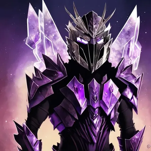 Prompt: full body, full view, amethyst wings, cave background, shiny crystals, shadows, masculine, humanoid, amethyst armor, mysterious, face covered, masked helmet, purple glowing eyes.
