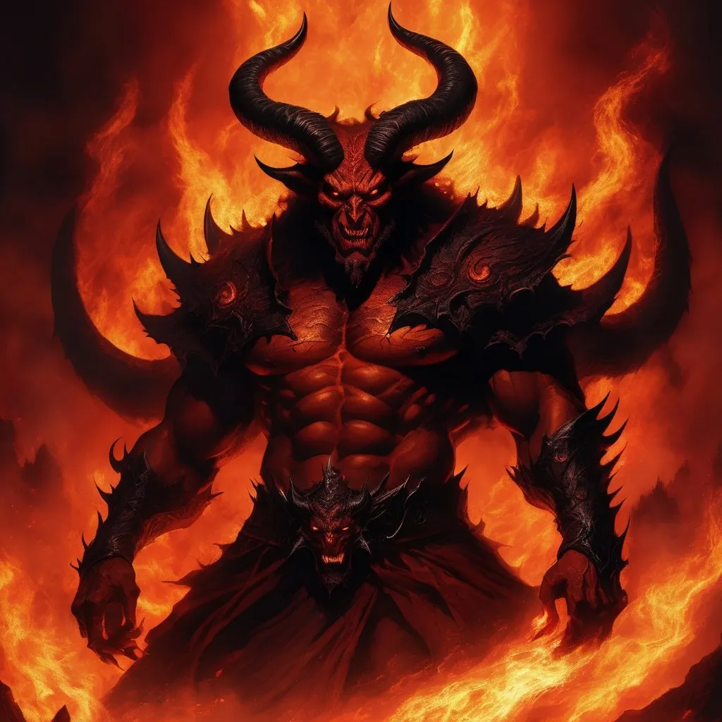 Prompt: Detailed illustration of Demon King Asmodeus, fiery inferno backdrop, imposing demonic figure with towering horns, dark and intimidating presence, high-quality rendering, digital painting, dark fantasy, fiery red tones, menacing aura, intricate armor details, glowing eyes, epic and dramatic lighting, hellish atmosphere