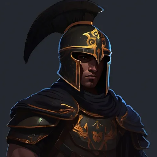 Prompt: A young spartan general. shadow entity. He wears a black hoplite armor and helmet. Black hair. Blackout face. Dark background. D&d art. 2d art. 2d. Detailed. 