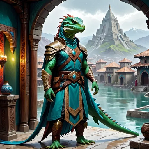 Prompt: a sea ​​green lizardman warrior in modernized medieval Armenian armor, standing in front of a Aztec interior with blue cotton curtains and in front of rainy mountain fantasy city with bay, Art of Brom, fantasy art, epic fantasy character art, concept art