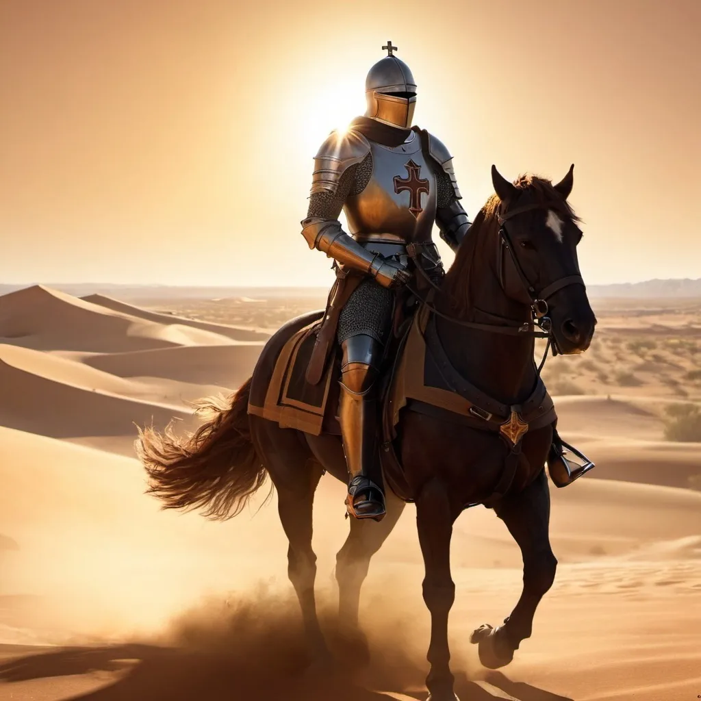 Prompt: knight, black armor, detailed cross, desert battle field, brown hair, tall, majestic, sun light