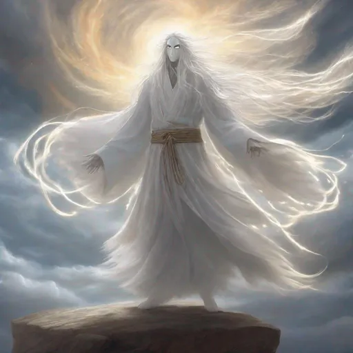 Prompt: a humanoid wind spirit with glowing white eyes floating in the skies with air and wind blowing all around him like an aura.