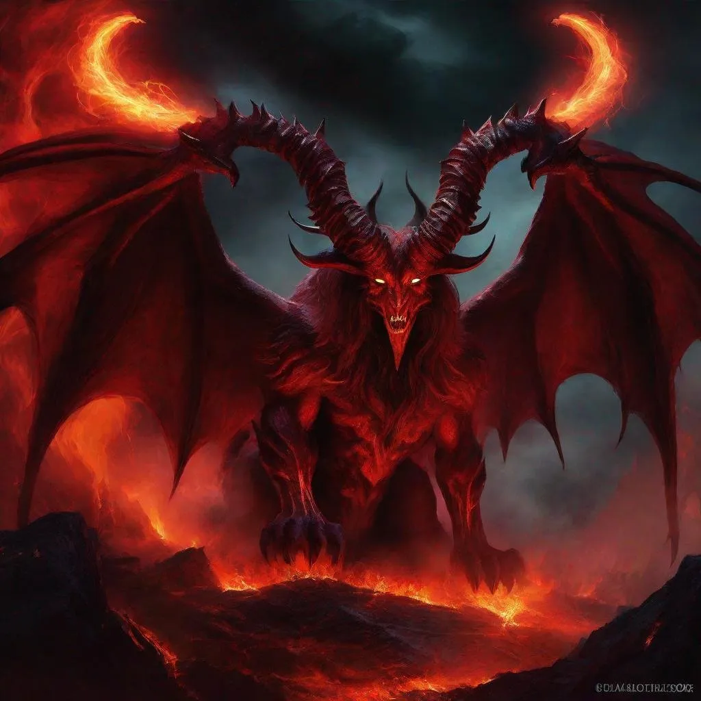 Prompt: Archdemon Satanachia, digital painting, demonic wings, fiery aura, menacing presence, high contrast, dark and ominous, detailed horns, glowing eyes, intense and sinister, infernal power, hellish landscape, epic fantasy, sinister crimson tones, atmospheric lighting, best quality, highres, ultra-detailed, digital painting, fantasy, demonic, sinister tones, fiery glow