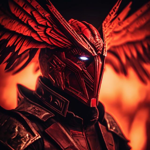 Prompt: crimson wings, demon, unholy, hellish background, dark dimming light, masculine, humanoid, crimson armor, mysterious, face covered, masked helmet, red glowing eyes.