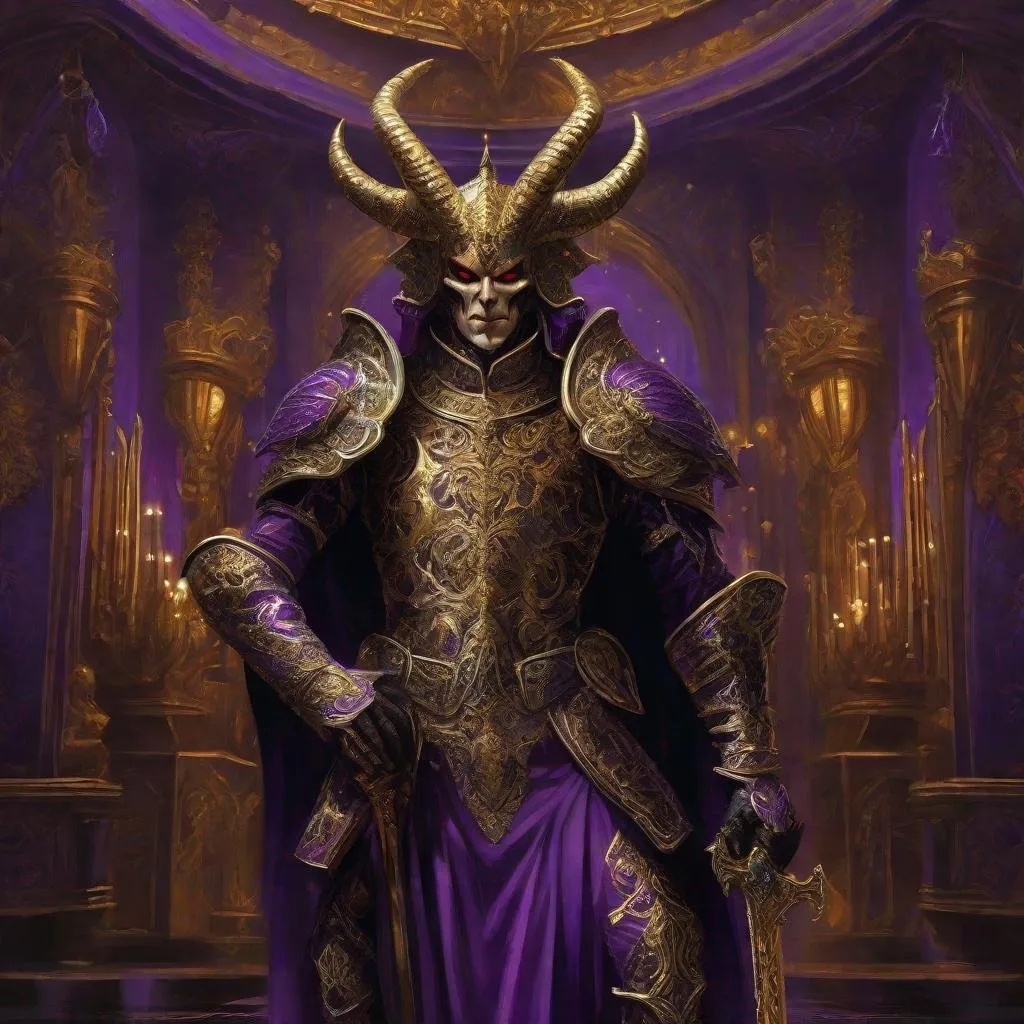 Prompt: Detailed digital painting of Belphegor, rich and opulent demon, luxurious gold and deep purple tones, sinister and alluring expression, glowing eyes with a malevolent gleam, ornate demonic armor, extravagant background with decadent decor, highres, ultra-detailed, digital painting, opulent, sinister, malevolent, demon, luxurious, ornate armor, rich colors, glowing eyes, decadent background, detailed, professional lighting