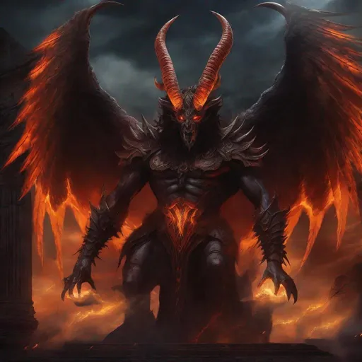 Prompt: Archdemon Aamon, digital painting, towering demonic figure with massive wings, fiery eyes and horns, ancient ruins in the background, sinister and dark atmosphere, high quality, ultra-detailed, digital painting, demonic, fiery tones, ominous lighting, towering presence, ancient ruins, detailed wings, sinister, professional, atmospheric lighting