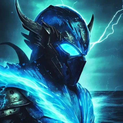 Prompt: sapphire wings, demon, ocean background, shining, masculine, humanoid, sapphire armor, mysterious, face covered, masked helmet, light blue glowing eyes, lightning, storms, whirlpools, huge waves, water, trident, Atlantis.