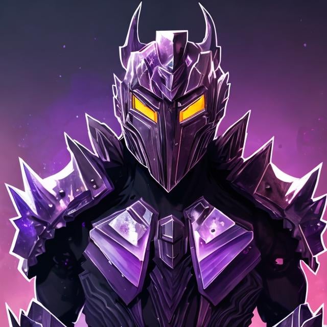 Prompt: full body, full view, amethyst wings, cave background, shiny crystals, shadows, masculine, humanoid, amethyst armor, mysterious, face covered, masked helmet, purple glowing eyes.