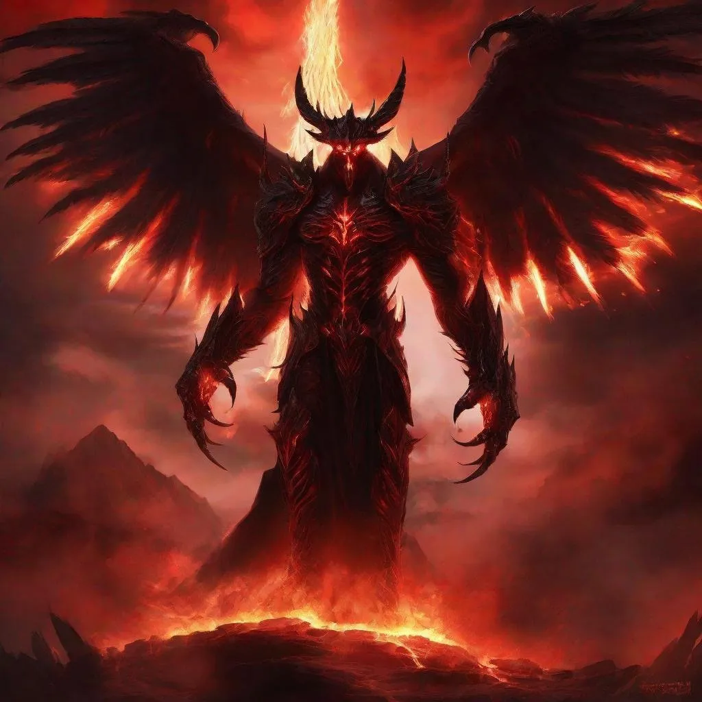 Prompt: Archdemon Abaddon, digital painting, towering demon with smoldering eyes, enormous wings, dark and menacing atmosphere, hellish red and black tones, glowing runes on skin, epic and imposing stance, high quality, detailed digital painting, dark fantasy, intimidating presence, fiery lighting