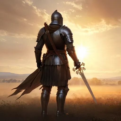 Prompt: knight, black armor, detailed cross, battle field, brown hair, tall, majestic, sun light