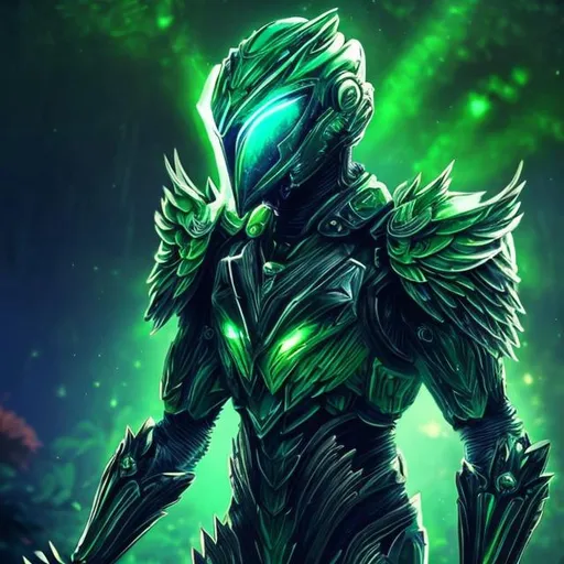 Prompt: full body, full view, emerald wings, forest background, shining light, masculine, humanoid, emerald armor, mysterious, face covered, masked helmet, green glowing eyes, Earth, sky, flowers, grass, plants.