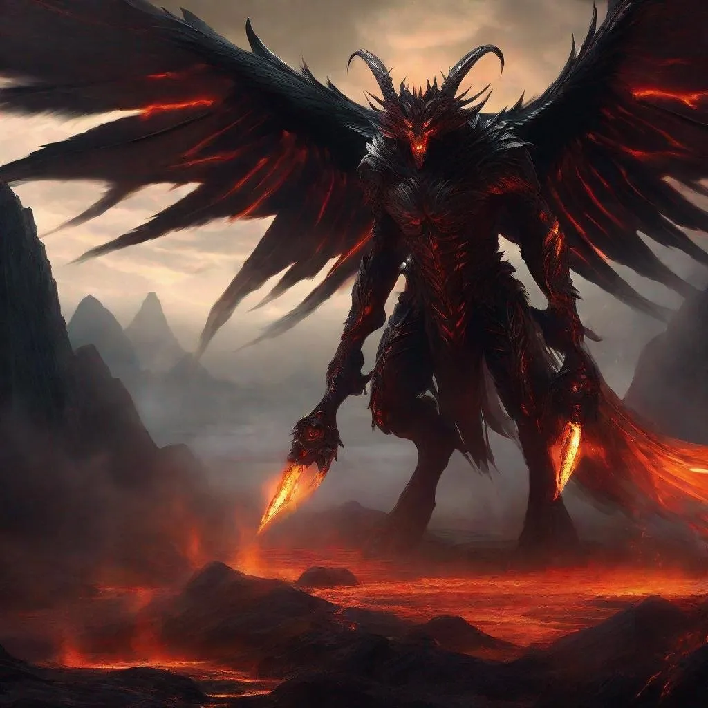 Prompt: Archdemon Apollyon, dark and menacing atmosphere, demonic wings, fiery aura, high-quality rendering, digital painting, intense and sinister expression, sharp and fierce features, glowing eyes, ominous presence, sinister color palette, dramatic lighting, hellish landscape, detailed digital art, highres, ultra-detailed, demonic, dark fantasy, fiery tones, menacing, sinister gaze, professional, dramatic lighting