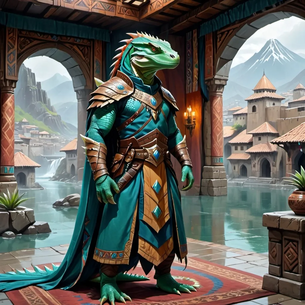 Prompt: a sea ​​green lizardman warrior in modernized medieval Armenian armor, standing in front of a Aztec interior with blue cotton curtains and in front of rainy mountain fantasy city with bay, Art of Brom, fantasy art, epic fantasy character art, concept art