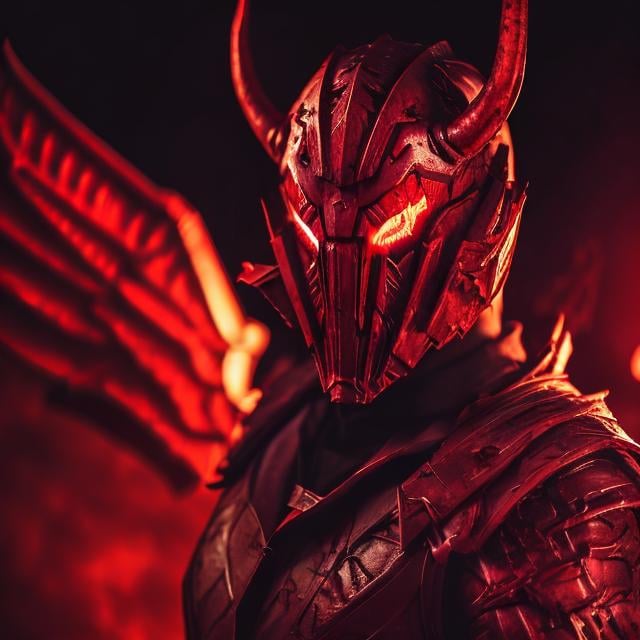 Prompt: crimson wings, demon, unholy, hellish background, dark dimming light, masculine, humanoid, crimson armor, mysterious, face covered, masked helmet, red glowing eyes.