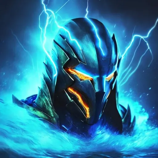 Prompt: sapphire wings, demon, ocean background, shining, masculine, humanoid, sapphire armor, mysterious, face covered, masked helmet, light blue glowing eyes, lightning, storms, whirlpools, huge waves, water, trident, atlantis.