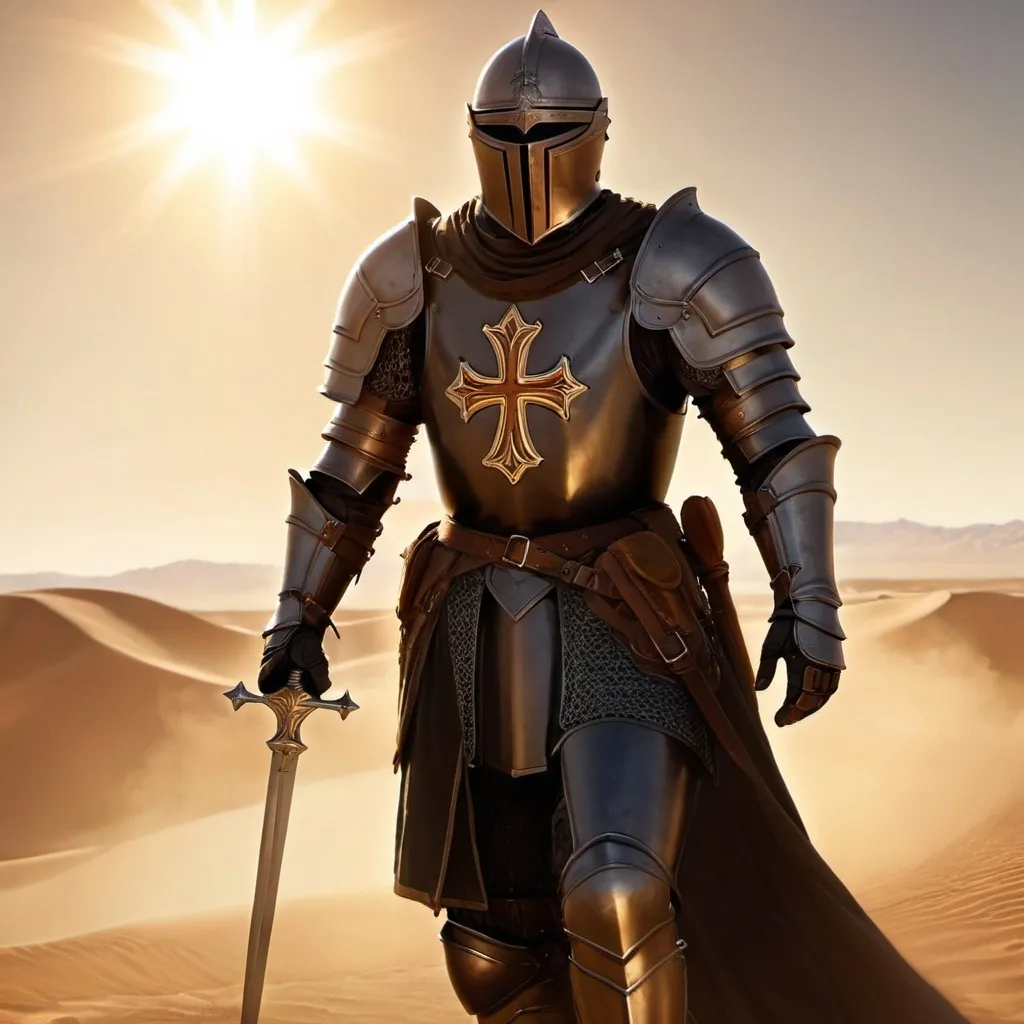 Prompt: knight, black armor, detailed cross, desert battle field, brown hair, tall, majestic, sun light