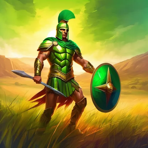 Prompt: A young spartan general. She wears a green hoplite armor. Plain Grass field background. D&d art. 2d art. 2d. Well draw face. Detailed. 