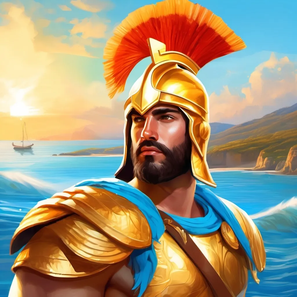 Prompt: A white male young spartan general. He wears a light blue hoplite armor. He wears a gold hoplite helmet. Black hair. Ocean background. D&d art. 2d art. 2d. Well draw face. Detailed. 