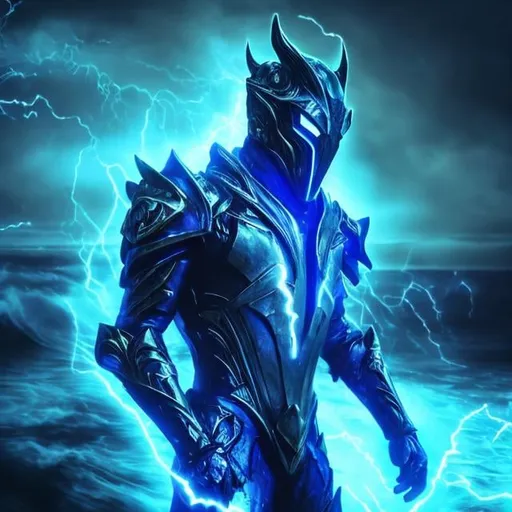 Prompt: sapphire wings, demon, ocean background, shining, masculine, humanoid, sapphire armor, mysterious, face covered, masked helmet, light blue glowing eyes, lightning, storms, whirlpools, huge waves, water, trident, atlantis.