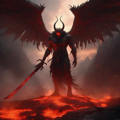Prompt: An ancient winged demon, walking out of a bloodbath, holding a fiery sword, lava, stalctites, dripping, detailed scene, digital painting, glowing red eyes, smokey, foggy, hyperrealistic, fantasy, Surrealist, artstation, highly detailed, sharp focus, wide angle shot, sci-fi, stunningly beautiful, dystopian, cinematic lighting, dark fantasy, chromatic aberration, colorgrading, rim lighting, cinematic lighting, studio lighting, ray tracing, red back lighting. 