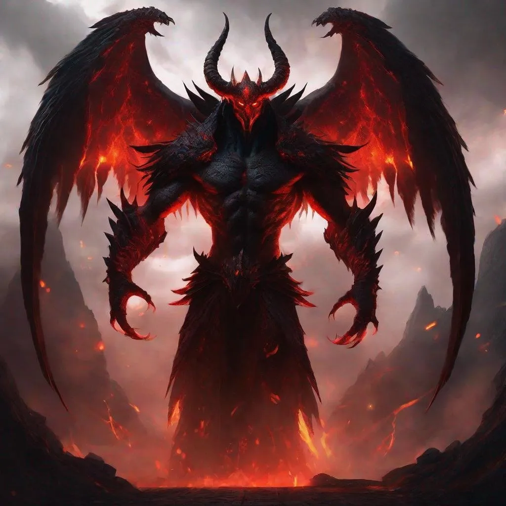 Prompt: Archdemon Abaddon, digital painting, towering demon with smoldering eyes, enormous wings, dark and menacing atmosphere, hellish red and black tones, glowing runes on skin, epic and imposing stance, high quality, detailed digital painting, dark fantasy, intimidating presence, fiery lighting