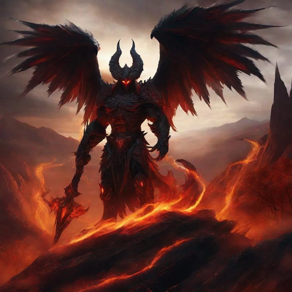 Prompt: Archdemon Apollyon, dark and menacing atmosphere, demonic wings, fiery aura, high-quality rendering, digital painting, intense and sinister expression, sharp and fierce features, glowing eyes, ominous presence, sinister color palette, dramatic lighting, hellish landscape, detailed digital art, highres, ultra-detailed, demonic, dark fantasy, fiery tones, menacing, sinister gaze, professional, dramatic lighting