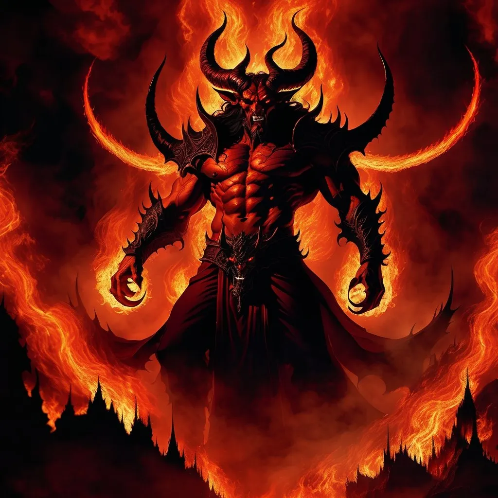 Prompt: Detailed illustration of Demon King Asmodeus, fiery inferno backdrop, imposing demonic figure with towering horns, dark and intimidating presence, high-quality rendering, digital painting, dark fantasy, fiery red tones, menacing aura, intricate armor details, glowing eyes, epic and dramatic lighting, hellish atmosphere