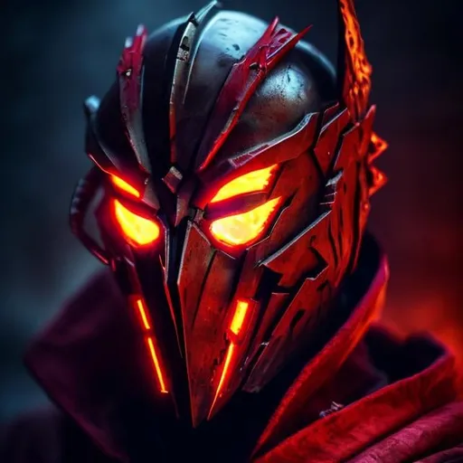 Prompt: crimson wings, demon, unholy, hellish background, dark dimming light, masculine, humanoid, crimson armor, mysterious, face covered, masked helmet, red glowing eyes.